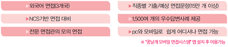 취업의 마지막 관문인 면접을 준비할 수 있도록 외국어면접, NCS면접 등 전문가의 모의면접을 통한 컨설팅과 함께 면접관련 다양한 예상질문 별 우수답변 사례를 제공합니다.