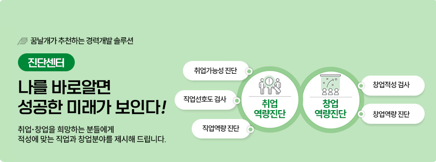 01.진단센터-꿈날개가 추천하는 경력개발솔루션,진단센터 : 나를 바로알면 성공한 미래가 보인다!,취업·창업을 희망하는 분들에게 적성에 맞는 직업과 창업분야를 제시해 드립니다.,취업역량진단(취업가능성진단, 직업선호도검사, 직업역량진단),창업역량진단(창업적성검사,창업역량진단)